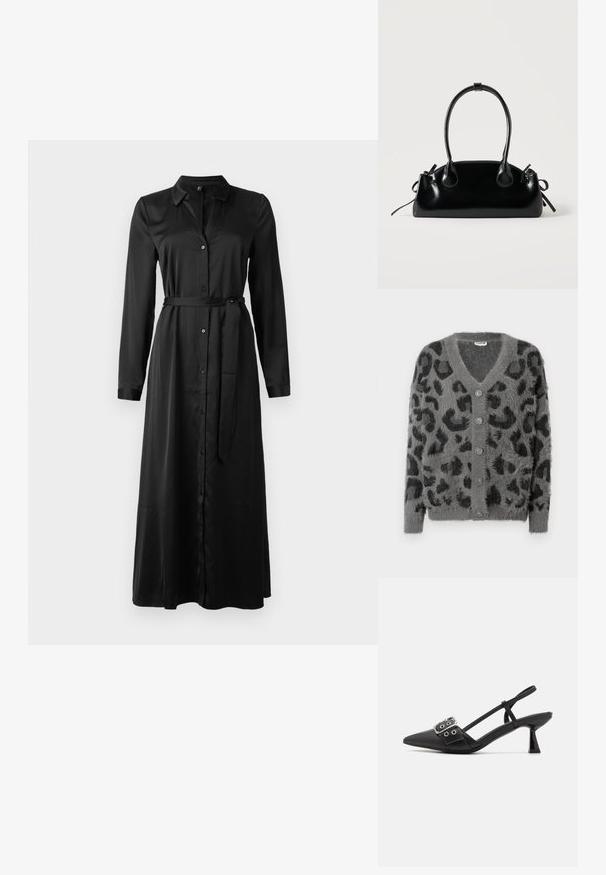 Cardigan de estampado de leopardo gris con una textura suave, escote en V y seis botones grises en la parte delantera. Con mangas largas y un corte relajado.; Vestido negro de manga larga con frente abotonado, cuello y cinturón a juego en la cintura. Tejido suave, hasta los tobillos y de corte recto.; Simmi London DALA - Tacones - black; Pequeño bolso negro brillante con dos asas largas y detalles de cordón lateral sobre un fondo claro liso.