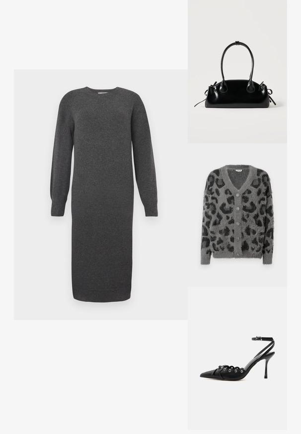 Grauer Cardigan mit Leopardenmuster, einer flauschigen Struktur, einem V-Ausschnitt und sechs grauen Knöpfen auf der Vorderseite. Lange Ärmel und eine lockere Passform.; Dunkelgraues Strickkleid mit langen Ärmeln, rundem Ausschnitt und gerippten Bündchen. Knielang und mit glatter Textur. Einfaches Design ohne Muster.; Schwarzer, spitzer High-Heel-Schuh mit geschwungenen Kanten, Metallösen, Schnürung vorne und Knöchelriemen mit Schnallverschluss.; Kleine schwarze glänzende Handtasche mit zwei langen Griffen und seitlichen Kordelzug-Details vor einfachem hellem Hintergrund.
