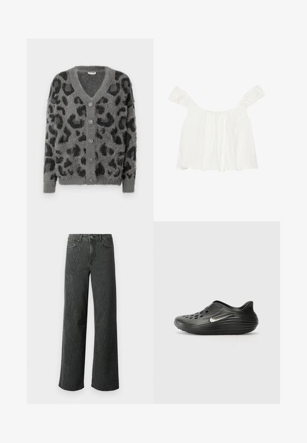 Grå leopardmønstret cardigan med en fuzzy tekstur, en V-halsudskæring og seks grå knapper langs fronten. Lange ærmer og en afslappet pasform.; Hvid off-shoulder top med rynkede ærmer, lavet af blødt stof. Har samlet detalje foran og en løs pasform.; Bredde ben jeans i mørkegrå denim med en subtil zebra-mønster tekstur, kontrastsyninger og fem lomme design med en knap zip.; Sorte slip-on klipklapper med glat, tekstureret overflade, flere ventilationshuller og et sølvfarvet Nike-logo på siden. Rundet bag.