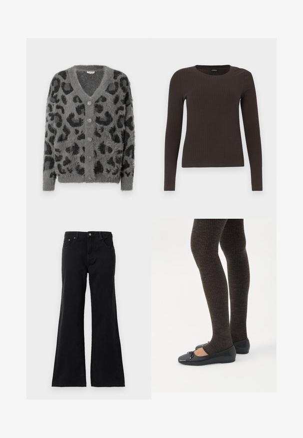 Grauer Cardigan mit Leopardenmuster, einer flauschigen Struktur, einem V-Ausschnitt und sechs grauen Knöpfen auf der Vorderseite. Lange Ärmel und eine lockere Passform.; Braunes, langärmliges, geripptes Oberteil mit Rundhalsausschnitt. Hergestellt aus einem glatten, dehnbaren Material, mit einer taillierten Silhouette und minimalen Details.; Schwarze hochtaillierte Jeans aus Denim mit fünf Taschen und ausgestellt geschnittenen Beinen, präsentiert vor einem weißen Hintergrund.; Beine in dunklen, gerippten Leggings kombiniert mit schwarzen Ballerinas mit kleinen Schleifendetails auf weißem Hintergrund.