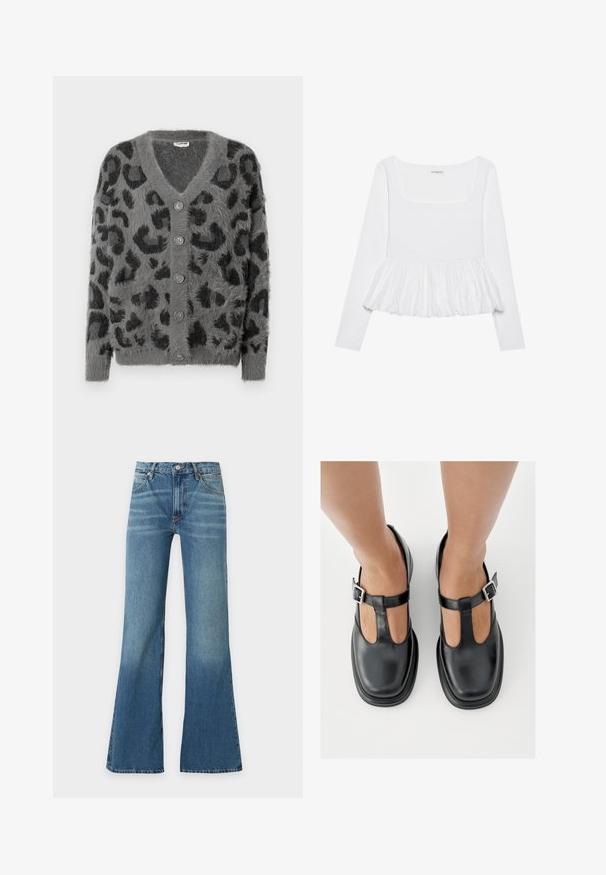 Grå leopardmønstret cardigan med en fuzzy tekstur, en V-halsudskæring og seks grå knapper langs fronten. Lange ærmer og en afslappet pasform.; Hvid langærmet top med firkantet halsudskæring, der har en samlet peplumkant lavet af tekstureret stof. Etiketter synlige ved halsen.; Blå denimjeans med høj talje, synlig frontknap og lynlås, forlommer og brede, udvidede ben.; Sorte lædersko med T-rem-design, lukket tå og sølvfarvede spændeaccenter. Glat tekstur med rundet tå og flad sål.