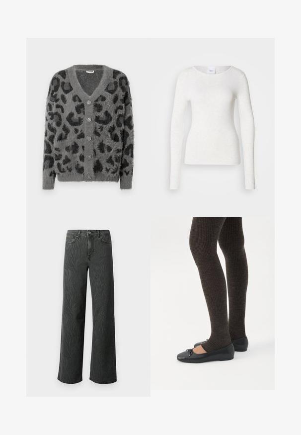 Cardigan à imprimé léopard gris avec une texture duveteuse, un décolleté en V et six boutons gris sur le devant. Manches longues et coupe décontractée.; T-shirt blanc à manches longues en tissu doux et léger avec un col rond et une coupe ajustée, présentant une texture subtile.; Jeans évasés en denim gris foncé, présentant une texture subtile à motif zèbre, des coutures contrastées, et un design à cinq poches avec un zip à bouton.; Jambes portant des leggings côtelés foncés associés à des ballerines noires avec de petits détails en nœud sur fond blanc.