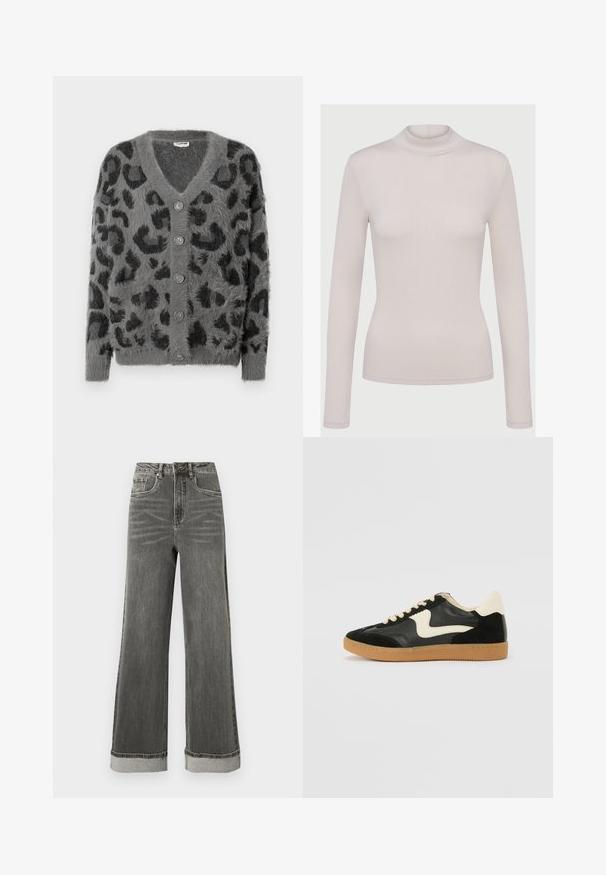 Grijze cardigan met luipaardprint, een fluffy textuur, en een V-halslijn. Zes grijze knopen aan de frontzijde. Lange mouwen en een relaxte pasvorm.; Lichtbeige lange mouw turtleneck top gemaakt van een zachte, rekbare stof. Aansluitend ontwerp met een geribbelde textuur en standaard manchetten.; Grijze wijde denim jeans met een hoge taille, vijf zakken en opgerolde pijpen. De stof heeft een licht versleten textuur met zichtbare stiksels.; Zwarte suède en leren sneaker met een crèmekleurige zij-swoosh en lichte crèmekleurige hiel. Voorzien van beige veters en een gumrubberen zool.