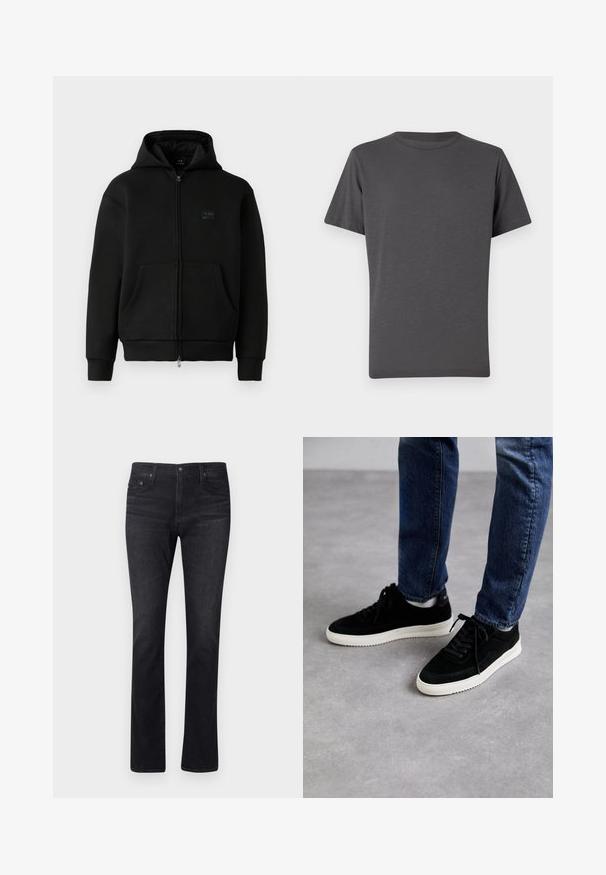 Black hoodie med lynlås, lavet af blødt materiale, har et logo-patch på forsiden, to frontlommer og ribbede manchetter og kant.; Mørkegrå t-shirt med rund hals, korte ærmer, lavet af blødt stof. Har et diskret logo på forsiden, glat tekstur med minimale sømme.; Mørke denim jeans med lige ben, der har et klassisk femlomme-design og diskret syning. Stoffet har en glat overflade.; Sorte ruskind sneakers med en hvid gummisål, der har et klassisk low-top design, rundt tå og flade sorte snørebånd.