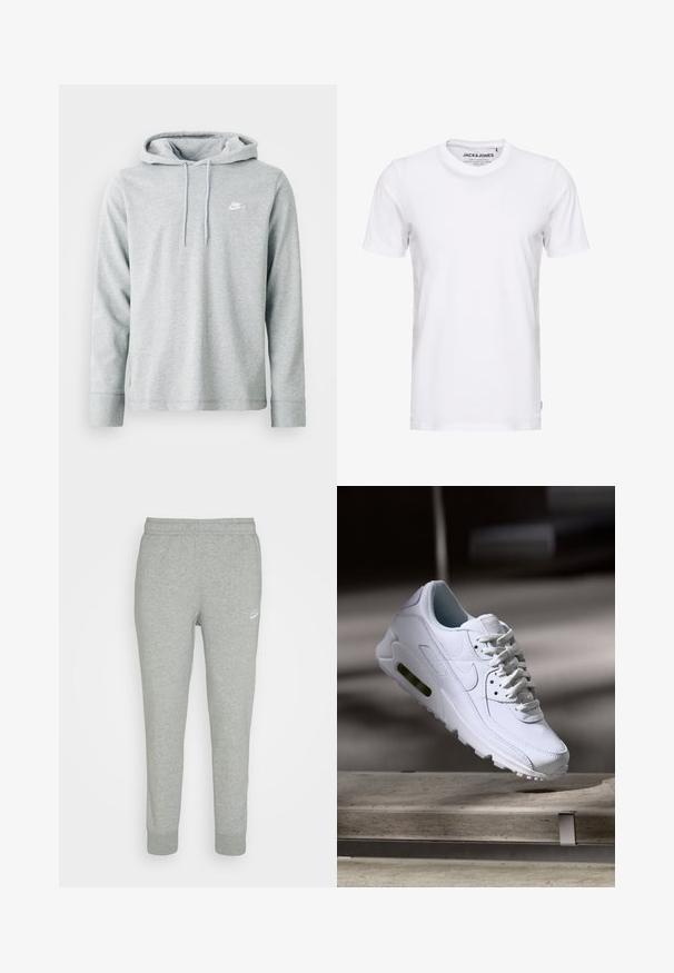 Lys grå hættetrøje lavet af blødt stof, med lange ærmer, en frontkangaroo-lomme og et lille hvidt logo på brystet.; Hvid t-shirt med korte ærmer lavet af bomuld, med en rund hals og et enkelt design. Brandtag synlig på halsområdet. Ingen mønstre eller accenter.; Grå sweatpants lavet af blødt stof, med tapered ben design, elastisk talje og lille hvid Nike-logo på venstre lår.; Hvide lædersneakers med teksturerede overflader, polstret krave og synlig luftpolstring i sålen. Har snørrebånd og et minimalistisk design.