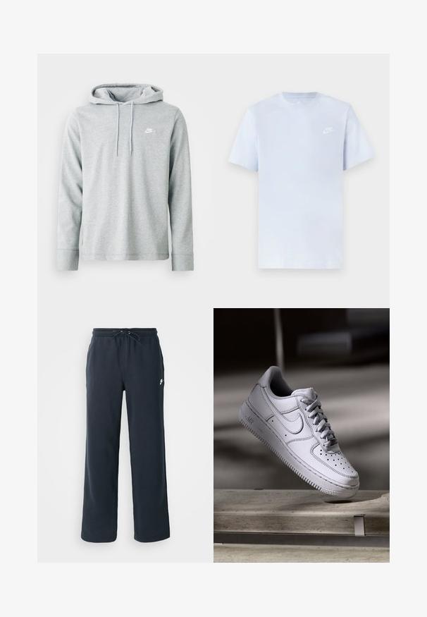 Lys grå hættetrøje lavet af blødt stof, med lange ærmer, en frontkangaroo-lomme og et lille hvidt logo på brystet.; Lyseblå bomulds t-shirt med korte ærmer, rund hals og et hvidt Nike-logo trykt på venstre bryst. Glat tekstur, simpelt design.; Mørkeblå sweatpants med elastisk talje og snoretræk. Lavet af blødt stof og med et lille hvidt logo på venstre hofte.; Hvid læder Nike Air Force 1 sneaker med perforeret tå, flade snørebånd og tekstureret gummisål med "AIR" branding på siden.