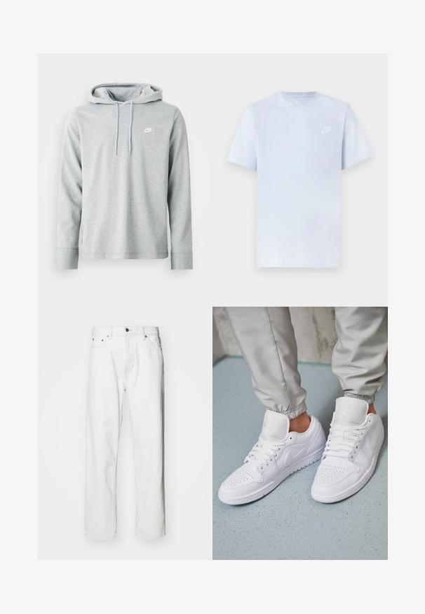 Lys grå hættetrøje lavet af blødt stof, med lange ærmer, en frontkangaroo-lomme og et lille hvidt logo på brystet.; Lyseblå bomulds t-shirt med korte ærmer, rund hals og et hvidt Nike-logo trykt på venstre bryst. Glat tekstur, simpelt design.; Hvide denimbukser med lige pasform, fem-lomme design, knaplukning og subtile syninger. Glat tekstur og minimalistisk stil.; Hvide lædersneakers har en perforeret tåboks, flade snørebånd, polstret krave og Jordan-logoet på tungen. Båret med grå joggers.