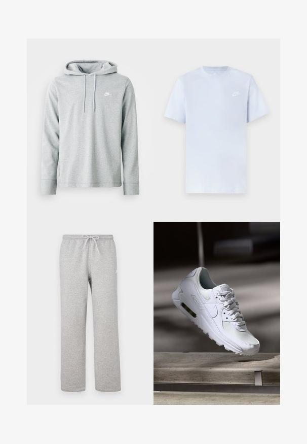 Sudadera gris claro de tejido suave, con mangas largas, un bolsillo tipo canguro en la parte frontal y un pequeño logo blanco en el pecho.; Camiseta de algodón de color azul claro con mangas cortas, cuello redondo y un logo blanco de Nike impreso en el pecho izquierdo. Textura suave, diseño sencillo.; Pantalones deportivos grises con cintura elástica y cordón ajustable. Fabricados con tela suave, cuentan con piernas rectas y un sutil detalle de logotipo.; Zapatilla Nike Air Max 90 blanca con parte superior de malla y cuero, caja de puntera perforada y unidad de aire visible en el talón.