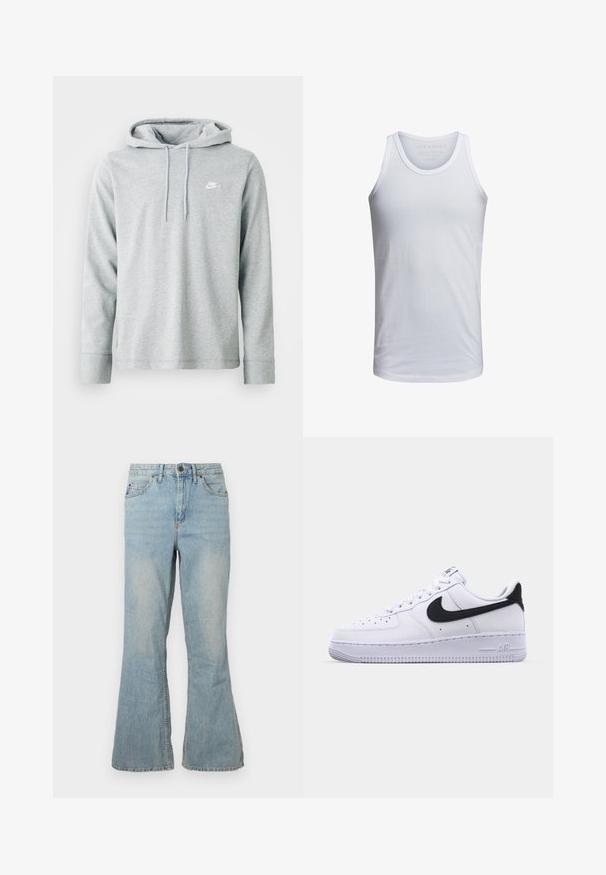 Lys grå hættetrøje lavet af blødt stof, med lange ærmer, en frontkangaroo-lomme og et lille hvidt logo på brystet.; Hvid bomulds tank top med rund halsudskæring, brede skulderstropper og minimal branding trykt indeni kraven. Blød tekstur, afslappet pasform.; Lys blå denim flared jeans med en mellemhøj talje, fem lommer og synlige søm. Har en glat overflade og standard lynlås lukning.; Hvide lædersneakers med en struktureret sort Swoosh, flade snørebånd og en gummisål med et rillemønster. "AIR" er præget på hælen.