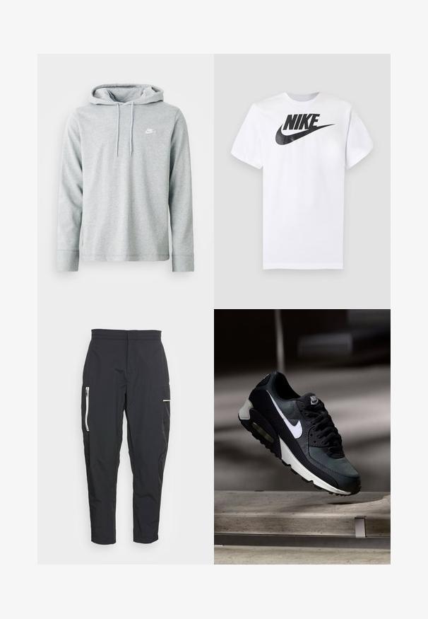 Lys grå hættetrøje lavet af blødt stof, med lange ærmer, en frontkangaroo-lomme og et lille hvidt logo på brystet.; Hvid T-shirt med korte ærmer med sort Nike-logo og swoosh centreret på brystet mod en ensfarvet grå baggrund.; Sorte cargo-bukser lavet af letvægtsstof. Funktioner inkluderer lynlås-lomme på siden og en struktureret detalje på låret. Skræddersyet pasform.; Sort og grå Nike Air Max sneaker med hvid swoosh, ophængt over en betongulv mod en sløret mørk baggrund.