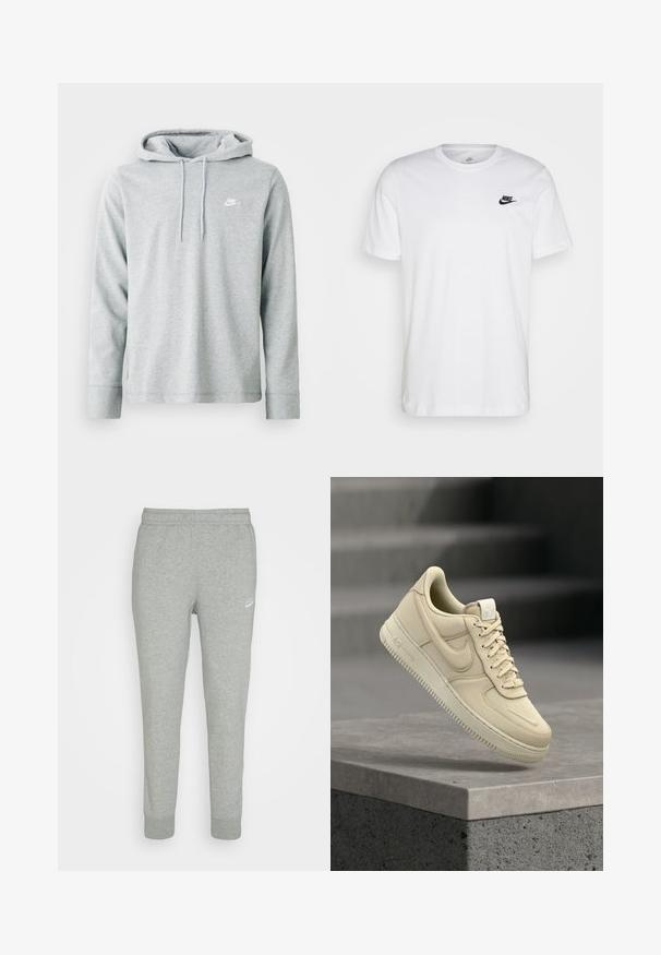 Sudadera gris claro de tejido suave, con mangas largas, un bolsillo tipo canguro en la parte frontal y un pequeño logo blanco en el pecho.; Camiseta de algodón blanca con cuello redondo, mangas cortas y un logo negro de Nike en el lado izquierdo del pecho. Diseño simple en un color sólido.; Pantalones de chándal grises hechos de una tela suave, con un diseño de pierna ajustada, cinturilla elástica y pequeño logo blanco de Nike en el muslo izquierdo.; Zapatilla Nike Air Force 1 beige flotando sobre un saliente de hormigón gris con un fondo de escaleras desenfocado.