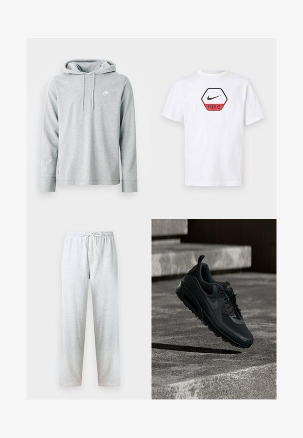 Hoodie gris clair en tissu doux, avec des manches longues, une poche kangourou à l'avant et un petit logo blanc sur la poitrine.; T-shirt Nike blanc à manches courtes avec un logo hexagonal rouge et noir comportant le swoosh Nike et le nom de la marque sur la poitrine.; Pantalon de survêtement gris en tissu doux, avec une taille élastique et un cordon de serrage, jambes droites. Aucun motif ni accent visible.; Baskets Nike Air Max noires suspendues en l'air au-dessus d'un sol en béton texturé avec des marches en béton en arrière-plan.