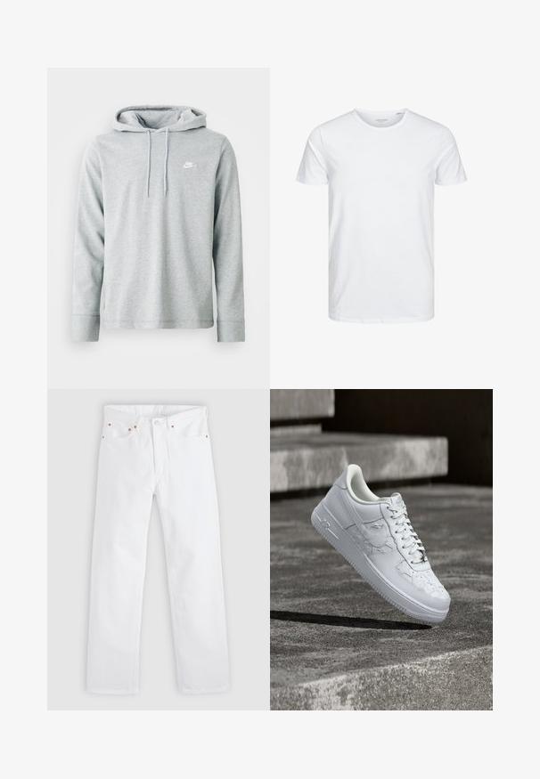 Sudadera gris claro de tejido suave, con mangas largas, un bolsillo tipo canguro en la parte frontal y un pequeño logo blanco en el pecho.; Camiseta de manga corta y cuello redondo en blanco sólido, fabricada en algodón suave, presenta un diseño simple sin patrones ni acentos visibles.; Vaqueros blancos de pierna recta con diseño de cinco bolsillos, cierre de botón y cremallera, y detalles de remaches de cobre en los bolsillos.; Zapatilla blanca Nike Air Force 1 con patrones de estrellas en relieve y un adorno metálico en forma de estrella en los cordones, flotando sobre una superficie de hormigón.