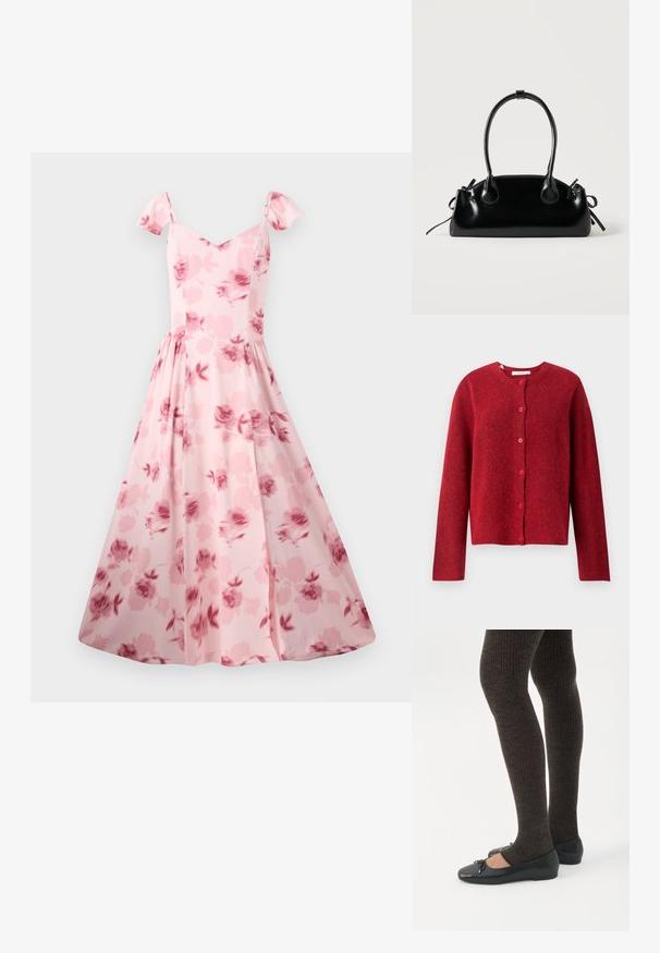 Selected SLFLULU - Cardigan - equestrian red; Rosa blomsterkjole med korte puffærmer, en tætsiddende liv og en flagrende nederdel. Har et subtilt rosemønster og en glat stofstruktur.; Ben iført mørke ribbede leggings kombineret med sorte balletsko med små sløjfedetaljer på hvid baggrund.; Lille sort blank håndtaske med to lange håndtag og snøre-detaljer i siden på en ensfarvet lys baggrund.