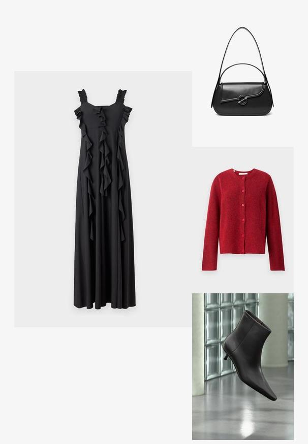 Selected SLFLULU - Cardigan - equestrian red; Sort maxi-kjole med volangdetaljer, firkantet udskæring og samlede stropper. Fremstillet af blødt stof, har den lodrette volanger ned langs forsiden.; Sort læderankelstøvle med spids tå og lille hæl vist mod en væg af glasblokke og poleret gulv baggrund.; Sort skuldertaske i læder med en buet klap, der er fastgjort med en rund metal spænde, og en slank, justerbar rem.