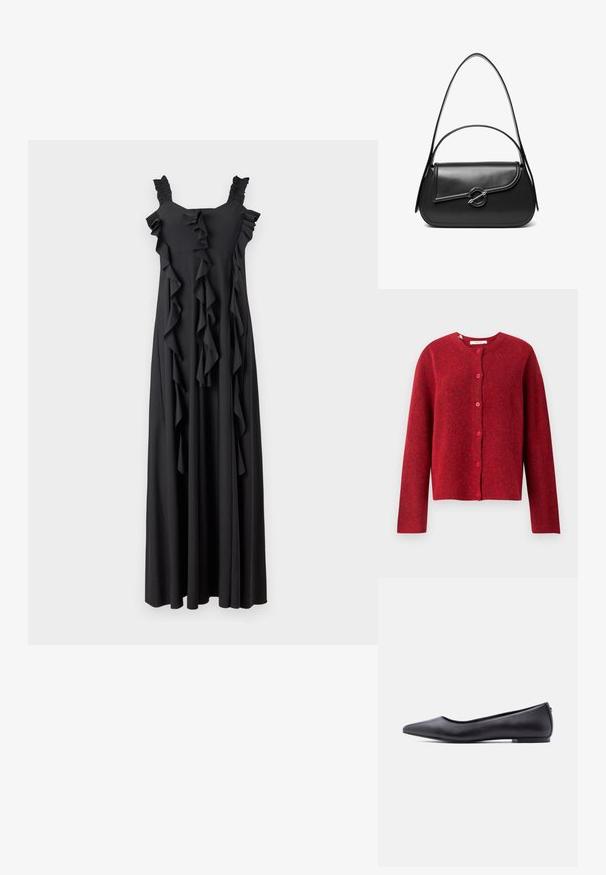 Selected SLFLULU - Cardigan - equestrian red; Sort maxi-kjole med volangdetaljer, firkantet udskæring og samlede stropper. Fremstillet af blødt stof, har den lodrette volanger ned langs forsiden.; Sort flad lædersko med spidst tåparti og lav hæl, vist i sideprofil mod en hvid baggrund.; Sort skuldertaske i læder med en buet klap, der er fastgjort med en rund metal spænde, og en slank, justerbar rem.