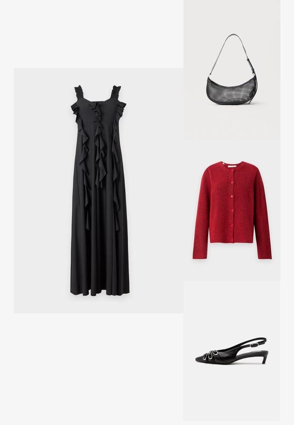 Selected SLFLULU - Cardigan - equestrian red; Sort maxi-kjole med volangdetaljer, firkantet udskæring og samlede stropper. Fremstillet af blødt stof, har den lodrette volanger ned langs forsiden.; Sort læder slingback sko med spids tå, tre sølvspænder på forsiden og lav lille hæl på hvid baggrund.; Lille sort mesh skuldertaske i halvmåneform med justerbar tynd rem, sat mod en ensfarvet lys baggrund.