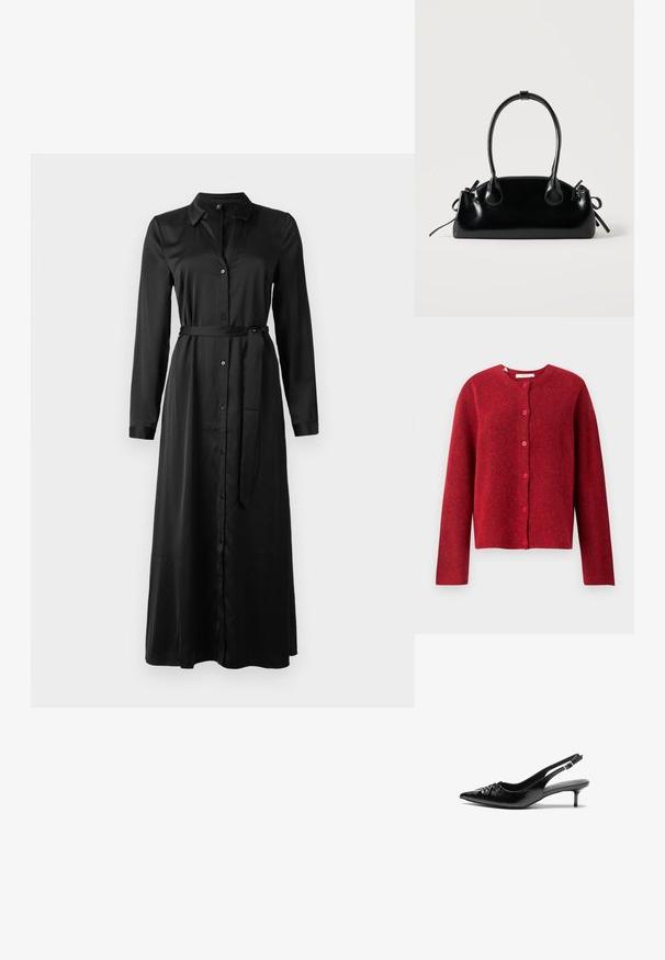 Selected SLFLULU - Kardigan - equestrian red; Musta, pikaa varrukat dress, mis on varustatud nööbist avaneva esipaneeliga, krae ja sobiva vööga vöökohal. Sile kangas, pahkluu pikkune ja sirge lõikega.; Mustad nahast rihmikud terava nina, madala kassisaba kand ja volditud detailiga eespool. Siledat tekstuuri ja minimalistlikku disaini.; Väike must läikiv käekott kahe pika sangaga ja külgedel paelakinnitustega, ühel lihtsal helel taustal.