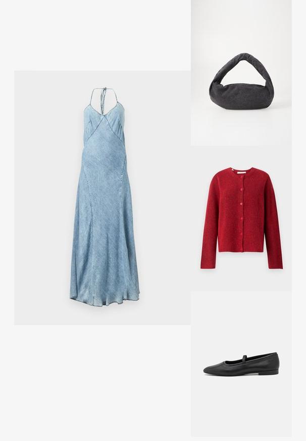 Selected SLFLULU - Cardigan - equestrian red; Denimkjole i lys blå nuance med spaghetti-stropper, A-line snit og subtile plisseringer langs bodice. Lang, flydende silhuet.; Sorte ballet flade lavet af glatmælket læder, med en rund tå, et lille bånd henover toppen, og et minimalistisk design.; Mørkegrå stofpose med et buet håndtag, blød tekstur og rund form. Ingen synligt hardware eller pynt.