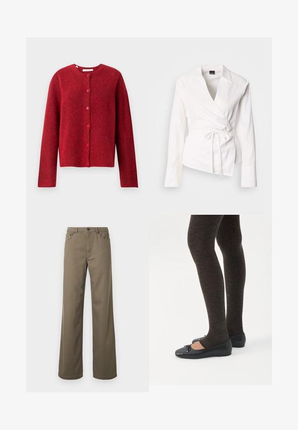 Selected SLFLULU - Kardigan - equestrian red; Valge wrap-särk pikkade varrukatega, valmistatud kerge kangaga, sügava V-kaelusega, vöökohas nööriga ja siledapinnaline.; Laiade lõikega püksid oliivrohelisest puuvillast, millel on nööpidega sulgumine, vöökanalid ja viie taskuga disain, sileda ja vastupidava tekstuuriga.; Jalad seljas tumedad soonelises soonelises kombines mustade baleriinadega, millel on väikesed paelade detailid valgel taustal.
