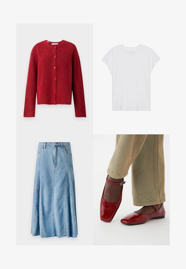 Selected SLFLULU - Cardigan - equestrian red; Hvid kortærmet t-shirt med rund hals, afslappet pasform, lavet af blødt bomuldsstof. Glat tekstur, ingen mønstre eller logoer.; Lyseblå denimnederdel med en udvidet design, der har en knaplukning, bæltesløjfer og lodrette sømdetaljer. Længde til midt på læggen.; Røde patentlæder sko med firkantet tå, lav hæl og ankelrem, parret med lysegrønne vide bukser. Glat tekstur, reflekterende overflade.