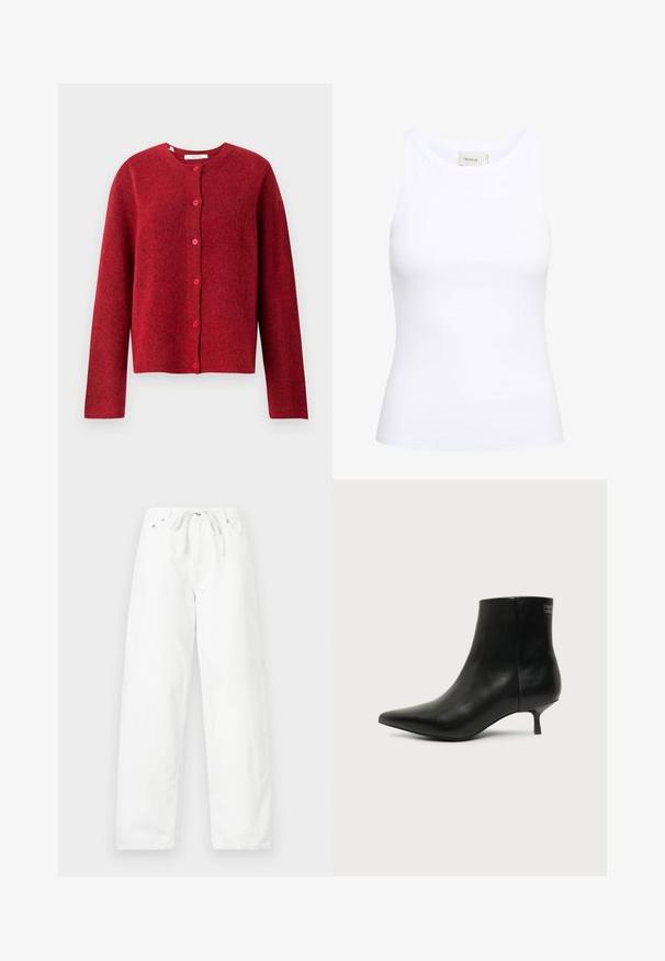 Selected SLFLULU - Vest - equestrian red; Witte geribde tanktop met een ronde halslijn en zonder mouwen. Rekbaar materiaal en een aansluitend ontwerp. Het label op de achterkant zegt "GESTUZ."; Witte, wijde broek van denim met een trekkoord in de taille en twee voorkruiden, met een gladde textuur en een schoon ontwerp.; Zwart leren enkellaars met puntige neus en lage kittenhak op lichte achtergrond, zijaanzicht buitenkant.