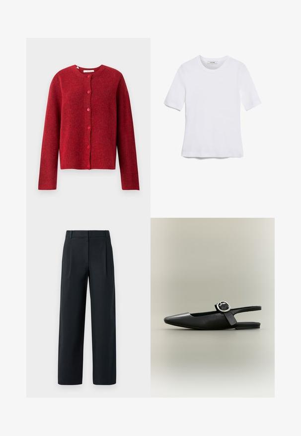 Selected SLFLULU - Ζακέτα - equestrian red; Άσπρο κοντομάνικο μπλουζάκι φτιαγμένο από ριγέ ύφασμα. Στρογγυλή λαιμόκοψη, κανονική εφαρμογή και διακριτές λεπτομέρειες ραφής. Χωρίς σχέδια ή γραφικά.; Μαύροι κομμένοι παντελόνια με ευθεία σχεδίαση, διαθέτοντας πλαϊνές πιέτες, λεία υφή και θηλιές ζώνης. Χωρίς ορατές τσέπες.; Μαύρο γυναικείο παπούτσι με μυτερή μύτη, φλατ στυλ και λουράκι στο πίσω μέρος με ασημένια αγκράφα και χαμηλό τακούνι σε ουδέτερο φόντο.