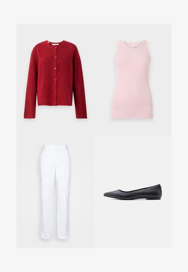 Selected SLFLULU - Kardigán - equestrian red; Svetloružový tielko vyrobené z mäkkého, elastického materiálu. Má okrúhly výstrih a úzke ramienka, s hladkou štruktúrou a priliehavým strihom.; Biele nohavice s rovnými nohavicami vyrobené z bavlny. Majú plochý predný diel, pútka na opasok a žiadne viditeľné vrecká. Hladká textura a minimalistický dizajn.; Čierna kožená balerína s špičatou špičkou a nízkym podpätkom, zobrazená z profilu na bielom pozadí.