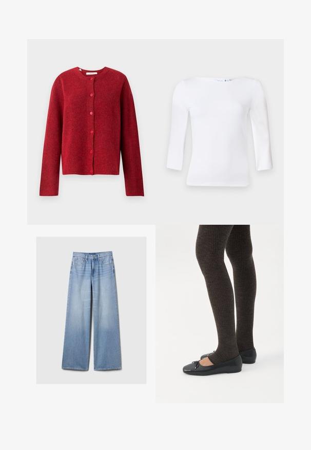 Selected SLFLULU - Vest - equestrian red; Wit langemouwtop met een vierkante halslijn, gemaakt van een soepele katoenmix, met aansluitende mouwen en een licht gebogen zoom.; Lichtblauwe denim jeans met wijde benen, met voorzakken, riemlussen en een knoop- en ritsluiting.; Benen met donkere geribbelde leggings gecombineerd met zwarte ballerina's met kleine strikdetails op een witte achtergrond.