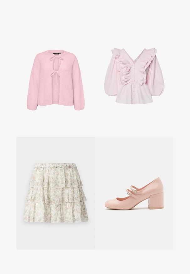 Cardigan en maille rose pâle à manches longues, devant ouvert maintenu par deux nœuds noués au niveau de l'encolure et de la poitrine.; Blouse en coton rose avec un décolleté en V profond, des détails froncés le long du corsage et des manches bouffantes volumineuses avec fermeture à boutons.; Jupe blanche avec un design en couches et volants. Présente un motif floral délicat en rose et vert. Taille élastique pour plus de confort.; Chaussures à talons hauts en cuir verni rose avec un bout arrondi, deux sangles à boucle réglables et un talon block transparent et épais.