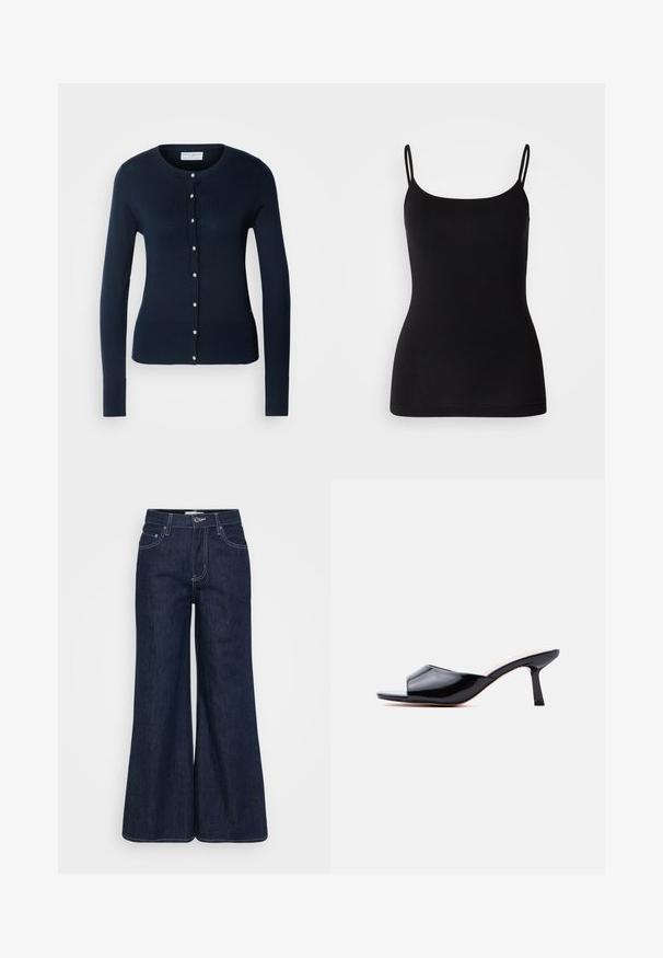 Cardigan tricoté bleu marine avec des manches longues, des bords côtelés et un devant à boutons featuring de petits boutons dorés.; Débardeur noir avec des bretelles fines et ajustables, en tissu extensible lisse et à la silhouette ajustée. Pas de motifs ni de décorations.; Pantalon large en denim foncé avec une taille haute, doté de poches avant, de surpiqûres contrastantes et d'un ourlet propre.; Mule à bout ouvert en cuir verni noir avec un petit talon fin et un design à enfiler sur un fond gris clair.
