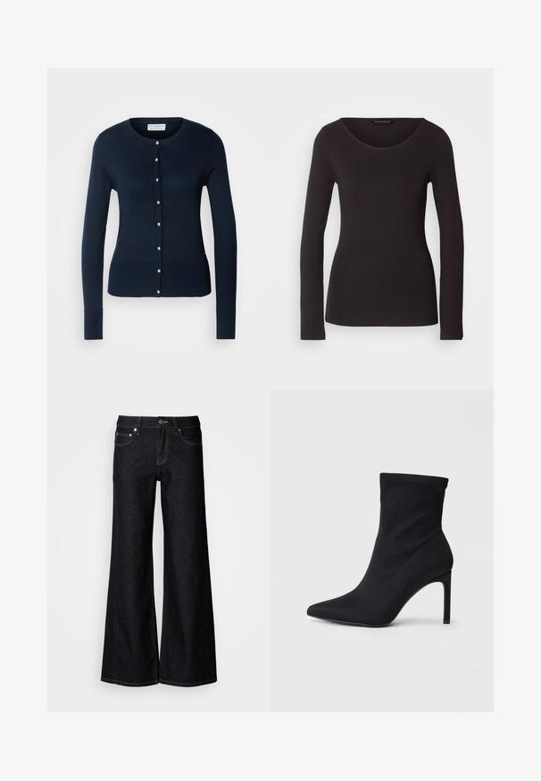 Cardigan tricoté bleu marine avec des manches longues, des bords côtelés et un devant à boutons featuring de petits boutons dorés.; Haut noir à manches longues en tissu lisse avec un col rond et une silhouette ajustée ; ne présente aucun motif ni accent.; Jean en denim foncé à jambes larges avec une taille haute, un design à cinq poches et une couture contrastée jaune le long des coutures.; Bottine noire à bout pointu avec un talon haut fin et un tige en tissu stretch contre un fond blanc.