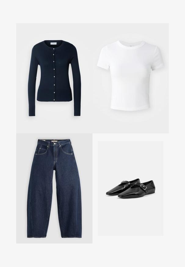 Cardigan tricoté bleu marine avec des manches longues, des bords côtelés et un devant à boutons featuring de petits boutons dorés.; T-shirt courte à manches courtes, blanche, avec un col rond, présentée sur un fond neutre et lumineux.; Jean en denim bleu foncé, à coupe ample, avec des coutures claires, cinq poches et un bouton de fermeture à la taille.; Paire de chaussures plates en cuir verni noir à bouts pointus avec une bride à boucle sur le dessus, montrée sur un fond clair uni.