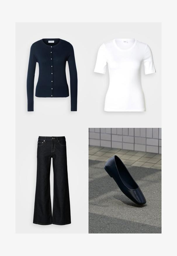 Cardigan tricoté bleu marine avec des manches longues, des bords côtelés et un devant à boutons featuring de petits boutons dorés.; T-shirt blanc à manches courtes en coton lisse, doté d'un col rond et d'une coupe ajustée. Design classique, sans motifs ni accents.; Jean en denim foncé à jambes larges avec une taille haute, un design à cinq poches et une couture contrastée jaune le long des coutures.; Chaussure plate en cuir noir debout sur une surface asphaltée près du bord d'un trottoir carrelé.