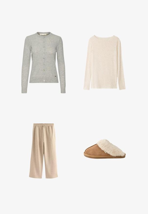 Lys grå cardigan lavet af tekstureret stof, med rund halsudskæring, langærmede og knaplukning med knapper i forskellige farver.; Langærmet, lysebeige striktop med bådudskæring og subtil meleret tekstur.; Cremefarvede breddebenede bukser lavet af blødt bomuldsblandingsstof. Har en elastisk talje med snor og en subtil plettet tekstur.; Brun slip-on tøffel med blød beige imiteret pelsforing og sål, vist fra siden på hvid baggrund.
