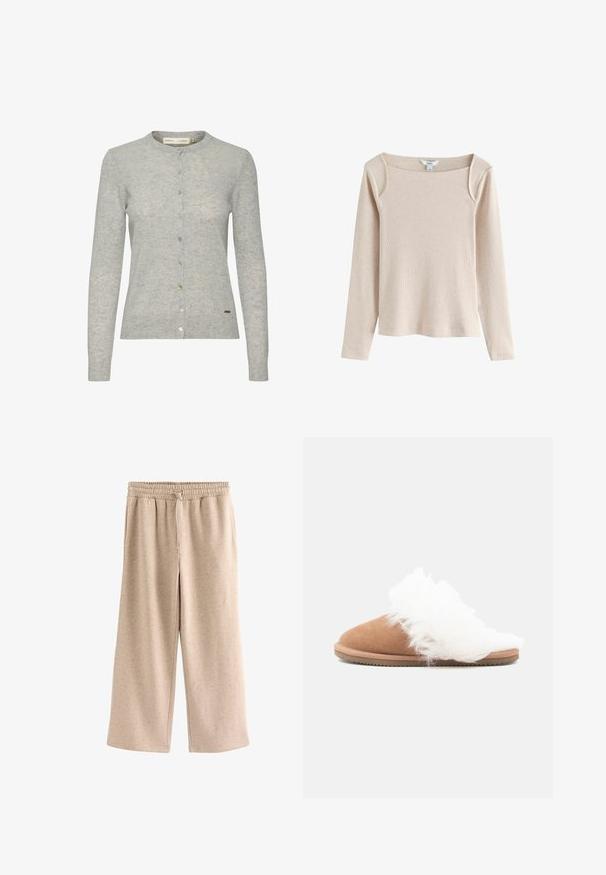 Lys grå cardigan lavet af tekstureret stof, med rund halsudskæring, langærmede og knaplukning med knapper i forskellige farver.; Beige langærmet ribstrikket top med firkantet udskæring og let skulderdetalje, vist på hvid baggrund.; Beige bukser med vide ben, elastisk talje og snørre, lavet af et blødt, plettet stof.; Brune ruskinds slippers med hvid fluffy pelsforing og skridsikker sål, vist i sideprofil på hvid baggrund.
