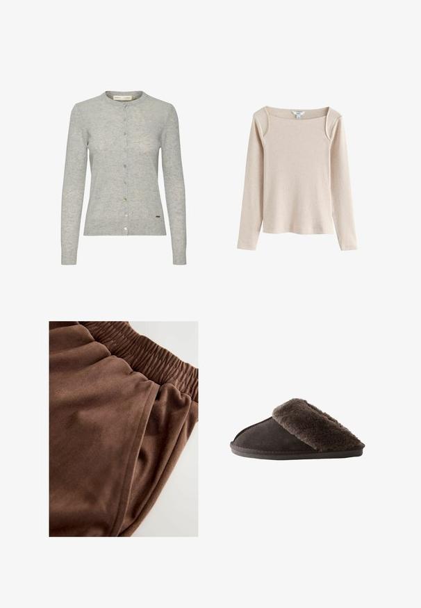 Lichtgrijze cardigan van textuurstof, met een ronde halslijn, lange mouwen en een knoopsluiting met knopen in verschillende kleuren.; Beige ribgebreide top met lange mouwen, vierkante halslijn en lichte schouderdetails, getoond op een witte achtergrond.; Bruine joggers van stof met een zachte textuur, voorzien van een elastische tailleband en een discrete zijzak, gedeeltelijk in beeld.; Donkerbruine instap pantoffel met zachte, pluizige bontvoering rondom de opening en een platte rubberen zool.