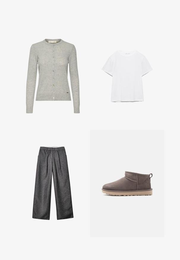 Lys grå cardigan lavet af tekstureret stof, med rund halsudskæring, langærmede og knaplukning med knapper i forskellige farver.; Hvid, kortærmet T-shirt med rund hals og lige kant, vist på en hvid baggrund.; Grå bredbenede bukser lavet af tekstureret stof, med lige snit, en talje og synlige forfald.; Lav brun ruskindssko med lav ankelhøjde, slidstærk sål og træksnor på en ensartet baggrund.