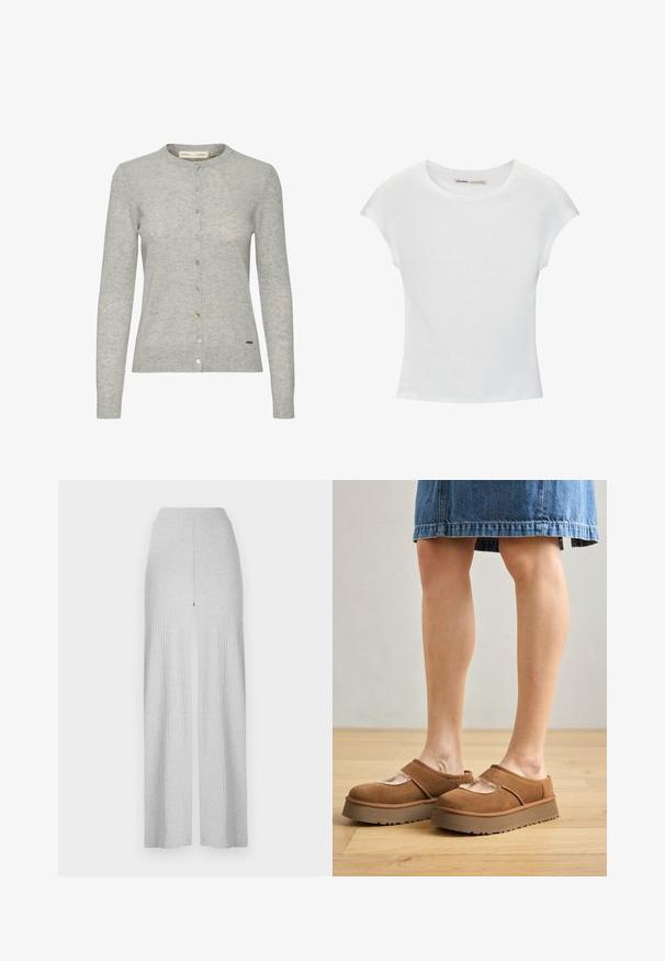 Lys grå cardigan lavet af tekstureret stof, med rund halsudskæring, langærmede og knaplukning med knapper i forskellige farver.; Hvid bomuld t-shirt med korte, opsmøgede ærmer, rund halsudskæring og lige kant. Glat tekstur uden synlige mønstre eller detaljer.; Lysegrå ribbede bukser med bredt ben og høj talje samt en frontsplit. Fremstillet af blødt stof med en glat tekstur.; Brune ruskindsplatformsko med en rund tå, udskæringer og en solid sål, ledsaget af en denimnederdel i en indstilling med trægulv.