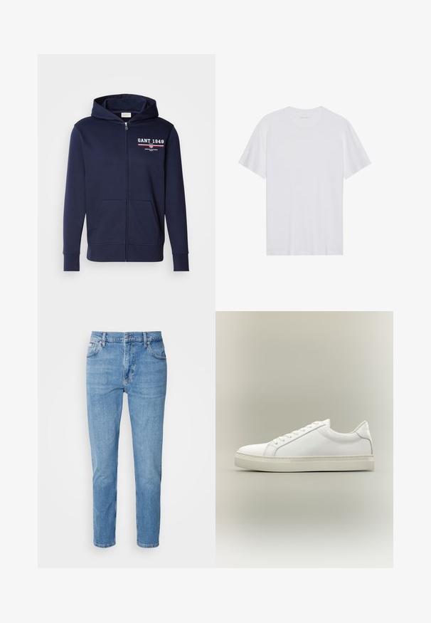 Navyblauwe rits hoodie van zacht weefsel, met een logo "GANT 1949" in het wit en rood. Inclusief voorzakken en een capuchon met trekkoord.; Witte katoenen T-shirt met korte mouwen, een ronde hals en een gladde textuur. Heeft minimale branding op de halslijn.; Lichtblauwe denim jeans met een rechte pasvorm, vijf zakken en subtiele vervaging. Voorzien van een knoopsluiting en riemlussen.; Witte lage sneaker met veters aan de voorkant en dikke zool, zijaanzicht tegen een neutrale achtergrond.