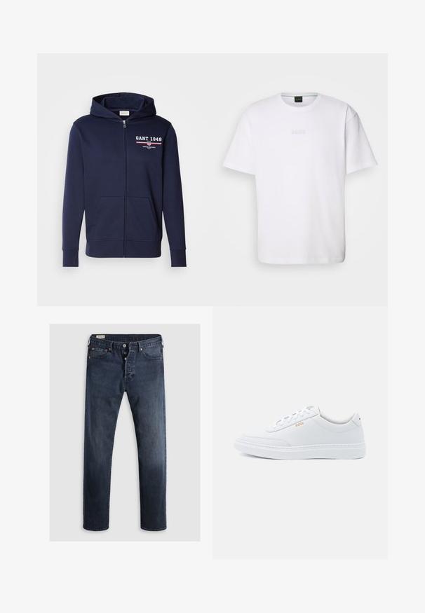 Navyblauwe rits hoodie van zacht weefsel, met een logo "GANT 1949" in het wit en rood. Inclusief voorzakken en een capuchon met trekkoord.; Witte katoenen T-shirt met korte mouwen, ronde halslijn en reliëf 'BOSS' logo op de borst. Veilig textuur, standaard pasvorm.; Donkerblauwe denim jeans met een rechte pijp, voorzien van een rits en metalen knopen, en koperen klinknagels. Gladde textuur, geen zichtbare patronen.; Witte leren sneakers met een gladde textuur, ronde neus en tonale stiksels. Voorzien van blauwe veters en een gouden logo op de zijkant.
