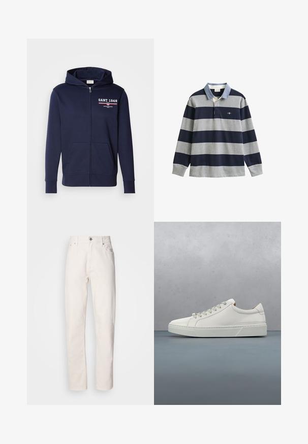 Navyblauwe rits hoodie van zacht weefsel, met een logo "GANT 1949" in het wit en rood. Inclusief voorzakken en een capuchon met trekkoord.; Rugbyshirt met lange mouwen met brede horizontale strepen in marineblauw en grijs, lichtblauwe kraag en klein logo op de linkerborst.; Spijkerbroek van wit denim met rechte pijpen, knoop- en ritsluiting, riemlussen en voor- en achterzakken, weergegeven op een effen achtergrond.; Witte leren sneaker met een ronde neus, minimalistisch ontwerp, grijze veters en een gestructureerde grijze rubberen zool. Fijne stikdetails zichtbaar.