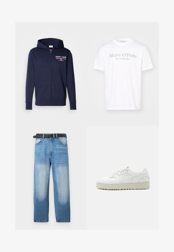 Navyblauwe rits hoodie van zacht weefsel, met een logo "GANT 1949" in het wit en rood. Inclusief voorzakken en een capuchon met trekkoord.; Witte katoenen T-shirt met een ronde hals, korte mouwen en grijze opdruk met de tekst "Marc O'Polo EST. IN STOCKHOLM."; Lichtblauwe denim jeans met een rechte pijp, voorzien van een zwarte riem, vervaagde vlekken en subtiele diagonale textuur op het bovenste gedeelte.; Witte lage sneaker met dikke zool, veters aan de voorkant, geperforeerde details en een gevoerde kraag op een effen lichtgrijze achtergrond.
