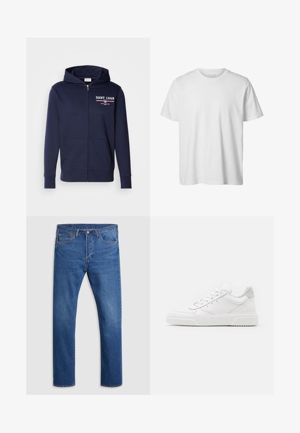 Marineblå zip-up hættetrøje lavet af blødt stof med et "GANT 1949" logo i hvid og rød. Inkluderer frontlommer og hætte med snor.; Enkelt hvid T-shirt med korte ærmer og rund hals, løs pasform og uden synlige logoer eller designs foran.; Blå lige jeans med frontknap og lynlås, fem lommer, og let falmning på lårene, vist fladt på en lys baggrund.; Hvide lædersneakers med en glat finish, rund tå, flade snørebånd og en struktureret sål. Grå ruskindsdetalje ved hælen.