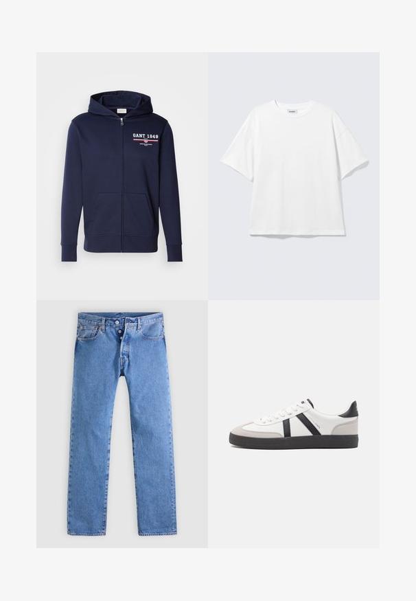Navyblauwe rits hoodie van zacht weefsel, met een logo "GANT 1949" in het wit en rood. Inclusief voorzakken en een capuchon met trekkoord.; Witte oversized T-shirt met korte mouwen, ronde hals en verlaagde schouders, plat op een lichtgrijze achtergrond.; Lichtblauwe spijkerbroek met een rechte pijp, vijf zakken en een gulp met twee knopen. Heeft minimale verkleuring en contrasterende naden.; Witte sneaker met zwarte en grijze accenten, voorzien van een grijze neus met textuur, zwarte rubberen zool en platte witte veters. Schoon ontwerp, minimalistische stijl.