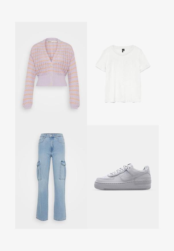 Cárdigan de punto lila claro con patrón de calado, que presenta rayas naranjas, mangas largas y un dobladillo corto. Tres botones en la parte delantera.; Camiseta blanca de manga corta con un cuello redondo, hecha de tejido ligero. Diseño simple, textura suave y dobladillo recto.; Pantalones cargo de mezclilla azul claro con cintura alta, piernas anchas y dos grandes bolsillos laterales. Cierre con botón y cremallera.; Zapatilla Nike Air Force 1 gris con puntera perforada, parte superior de cuero suave, suela gruesa y detalle en relieve 'AIR' en el talón.