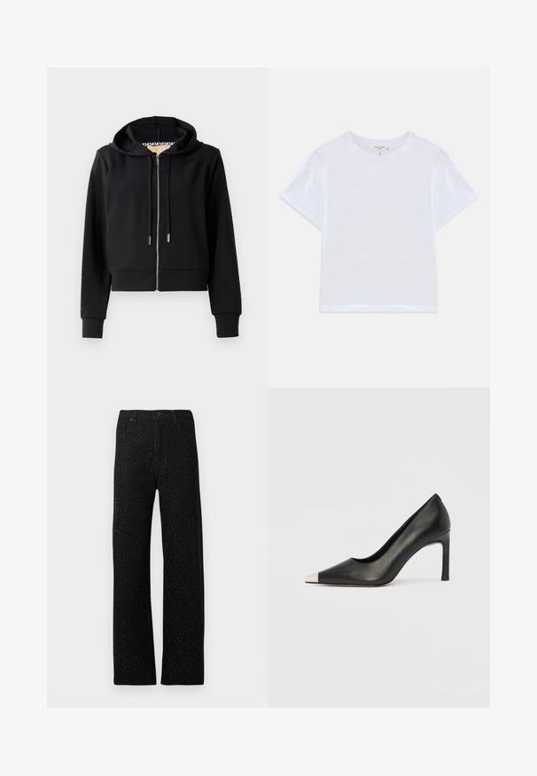 Sort cropped hoodie lavet af blødt stof, med en frontlynlås, snor i hætten og ribbede manchetter. Glat tekstur med minimal dekoration.; Hvid cropped t-shirt lavet af blødt bomuld, med rund hals og korte ærmer og en let løs pasform. Ingen mønstre eller accenter.; Sorte denimbukser med lige ben-design, der har et struktureret mønster af små prikker og fem lommer, herunder for- og baglommer.; Sort læder højhælet sko med spids tå og metal-sølv hætte. Har en glat finish og en slank hæl på 10 cm.