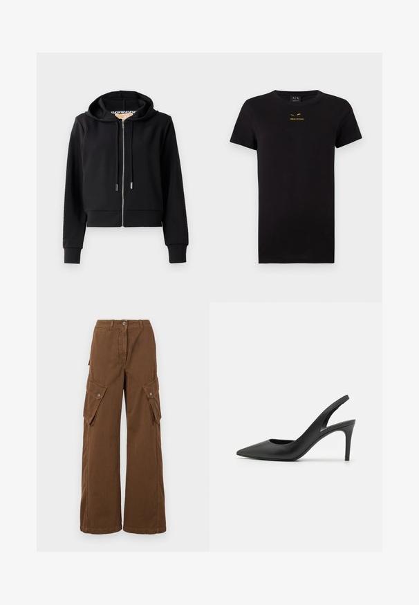 Sort cropped hoodie lavet af blødt stof, med en frontlynlås, snor i hætten og ribbede manchetter. Glat tekstur med minimal dekoration.; Sort kortærmet T-shirt lavet af bomuld. Har et trykt guldlogo på brystet. Klassisk runde hals design. Blød tekstur.; Weekend Max Mara LUCY HALE ELVY - Cargobukser - marrone; Sorte læder slingback høje hæle med spids tå-design, der har en udskæring fortil og en tynd stiletto-hæl.