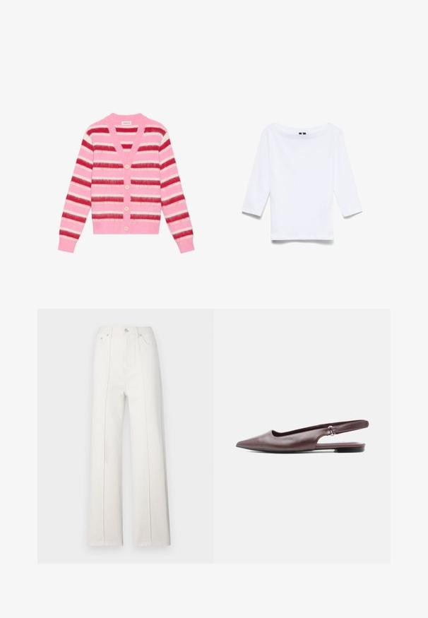 Cárdigan a rayas rosas con amplias rayas horizontales en rojo, blanco y rosa. Presenta un escote en V, cinco botones de color claro y puños acanalados.; Camisa blanca de manga tres cuartos hecha de una mezcla de algodón; presenta un amplio escote barco y una textura suave y ligera.; Pantalones de mezclilla blancos de pierna ancha con talle alto, que presentan costuras verticales y un cierre de botón en la parte delantera. Textura suave con un diseño limpio.; Zapato plano burdeos con punta en pico, trasera con tira ajustable y tacón bajo sobre fondo blanco.