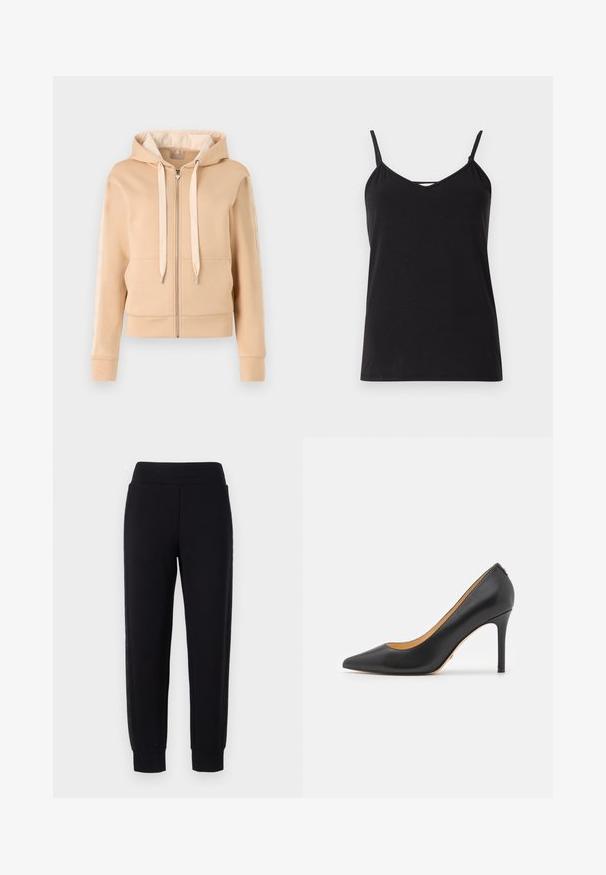 Beige zip-up hættetrøje med kængurulomme, snoretræk og mønstrede detaljer på ærmerne. Fremstillet af blødt, struktureret stof.; Sort camisole-top med tynde justerbare stropper, V-udskæring og en lige kant. Lavet af blødt, let stof med en glat tekstur.; Sorte sweatpants med tætsiddende ben, der har en bred elastisk talje og strukturerede sidelapper. Lavet af et blødt, strækbart materiale.; Sort læder spidse stiletto hæle med høj hæl, der har en glat overflade og minimalistisk design. Indersiden er foret i tan farve.